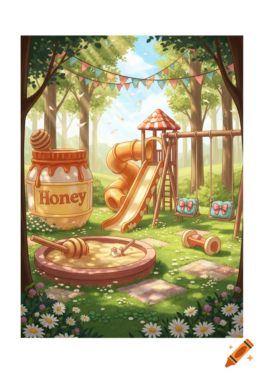 Cartoon playground in a sunny forest with a giant honey jar, slides, swings, sandbox, and white flowers.