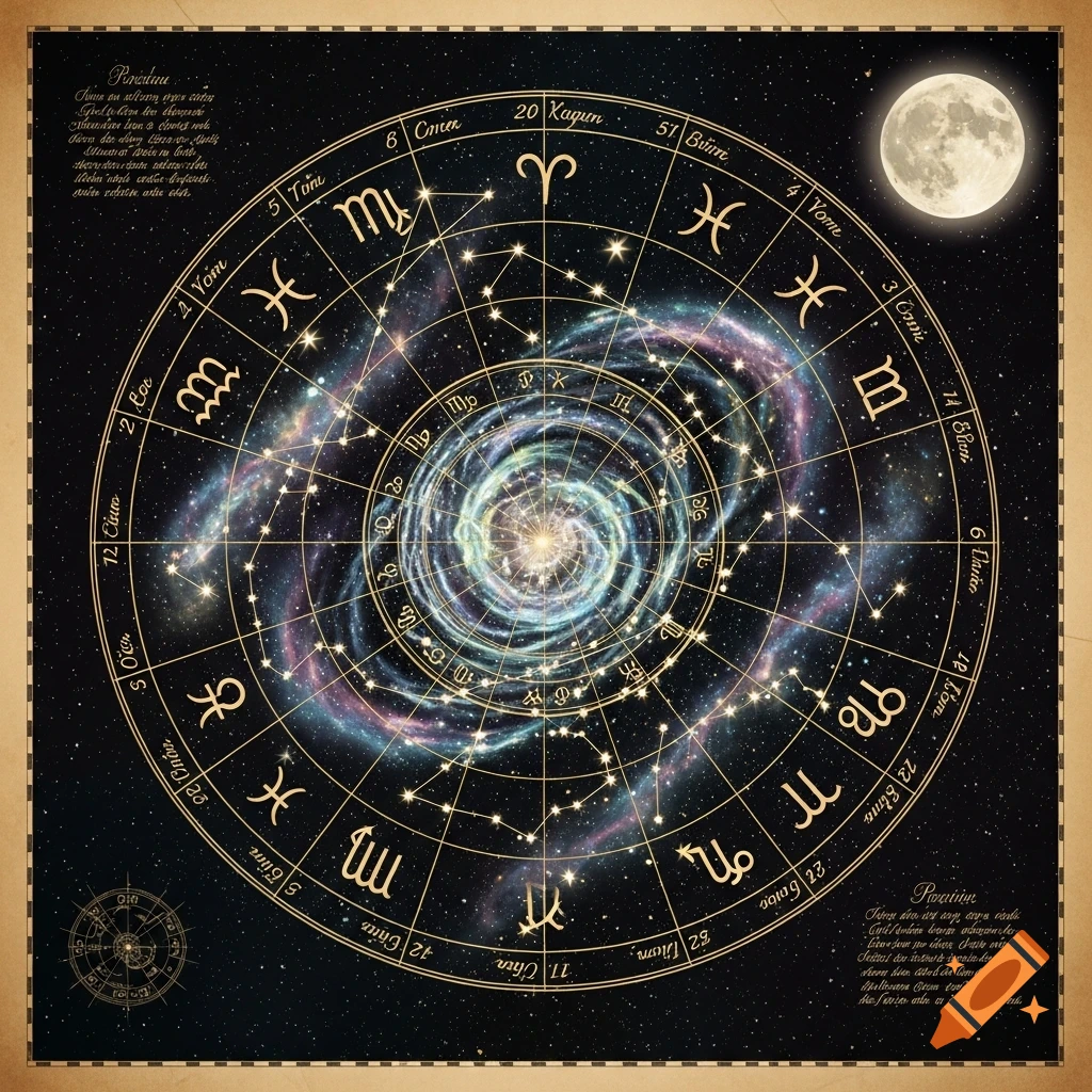 An intricate astrological chart with golden lines and zodiac symbols over a swirling galaxy and stars, with a full moon.