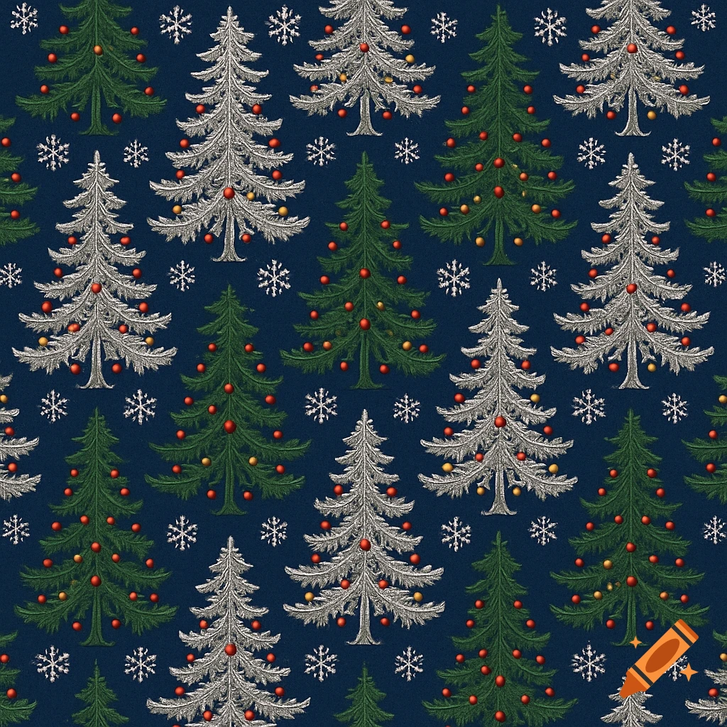Seamless pattern of decorated green and silver Christmas trees with snowflakes on a dark blue background.