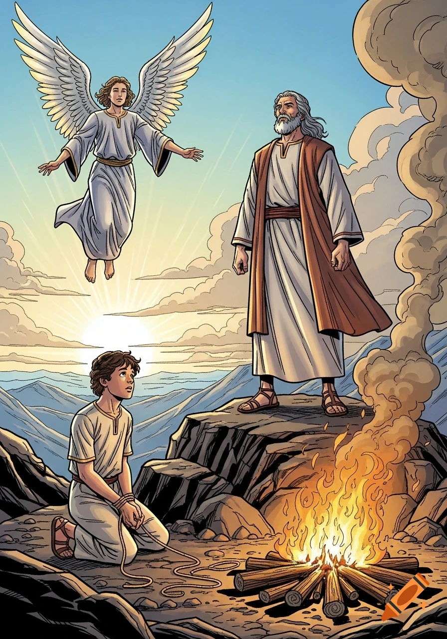 Comic book illustration of Abraham looking at an angel while Isaac is bound next to a burning altar on a mountain.