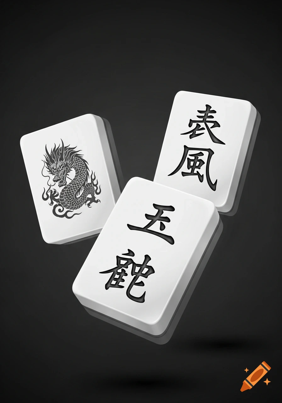 Three white mahjong tiles float against a dark background, one showing a black dragon, another "East Wind" characters, and the third "Wu Li" characters.