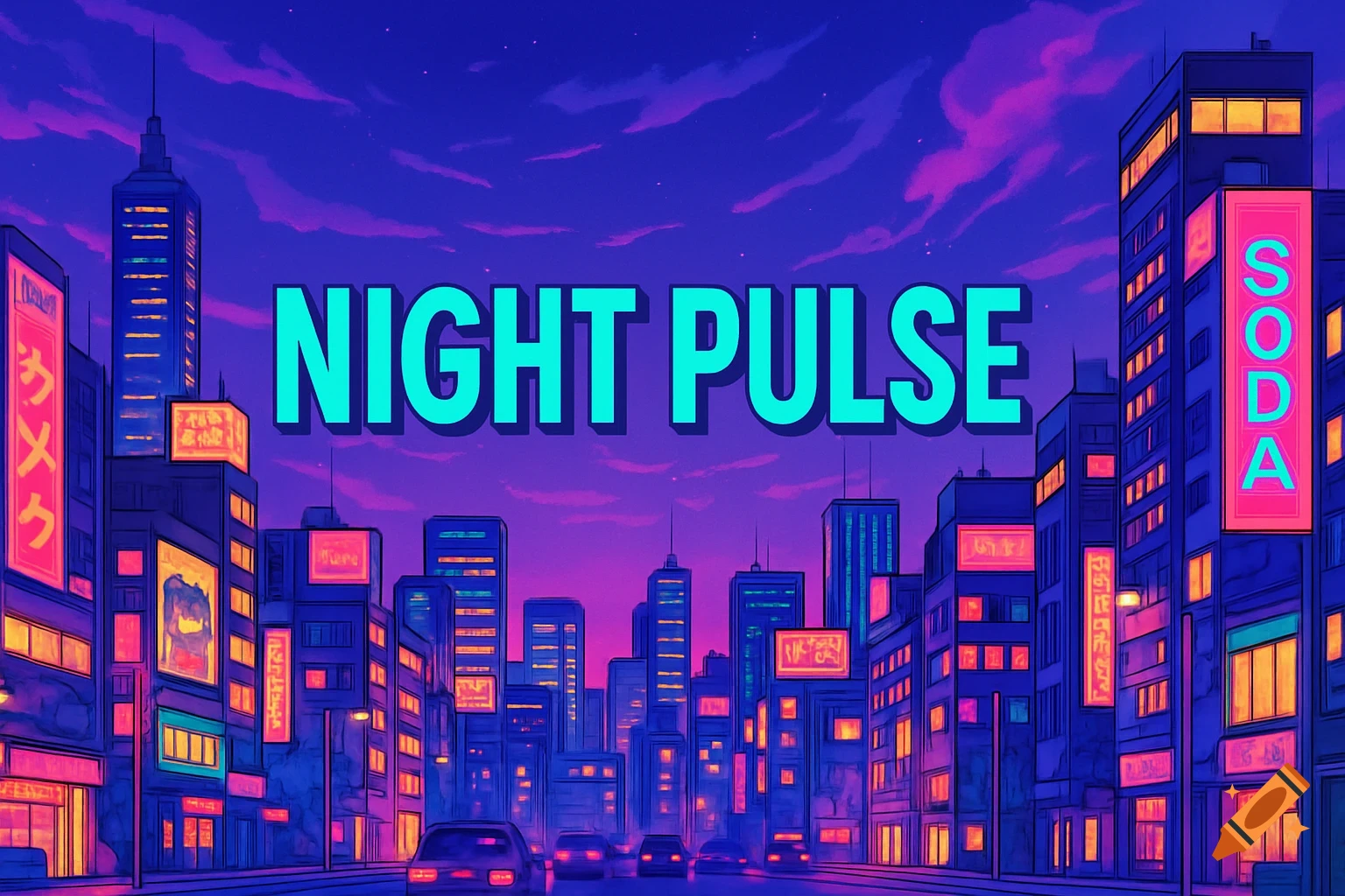 Vibrant 90s city pop anime cityscape at night with purple skies and neon signs, featuring the text "NIGHT PULSE" centrally.