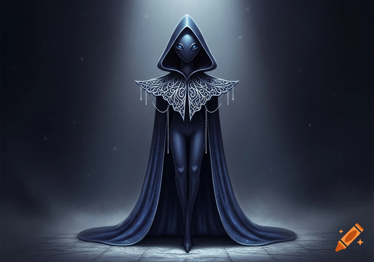 Mysterious dark alien figure in a hooded cloak with glowing blue eyes and an ornate silver collar.