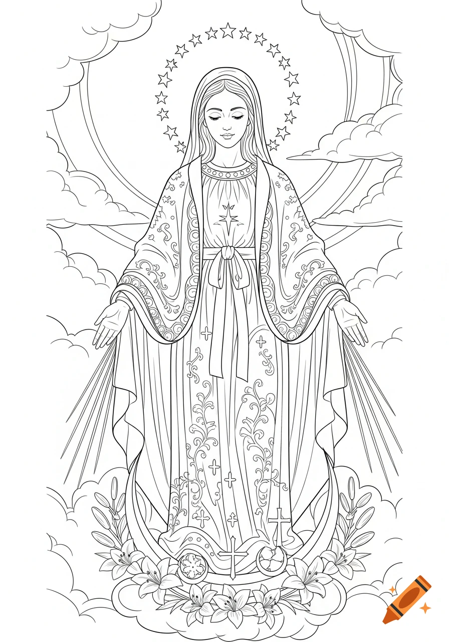 Black and white line art of Our Lady of Immaculate Conception standing with outstretched arms, surrounded by clouds and stars, with lilies at her feet, for coloring.