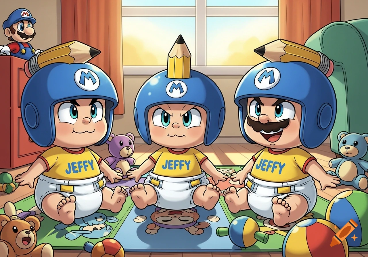 Three cartoon babies wearing yellow 'JEFFY' shirts and blue helmets with pencils, sitting on a rug in a sunny room with a Mario figurine.