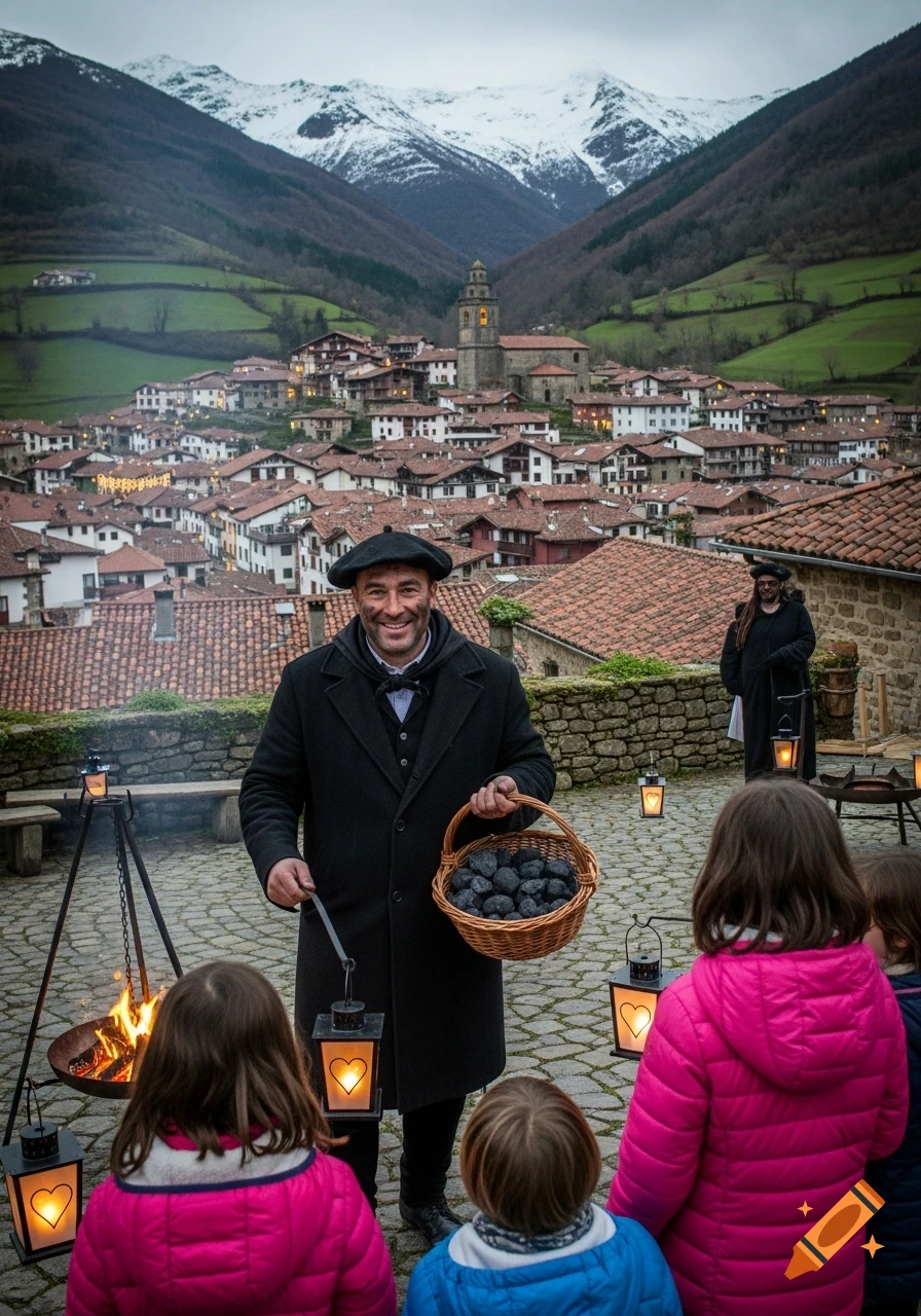 Man in black coat and beret, with sooty face, holds a coal basket and heart lantern for children in a mountain village square.