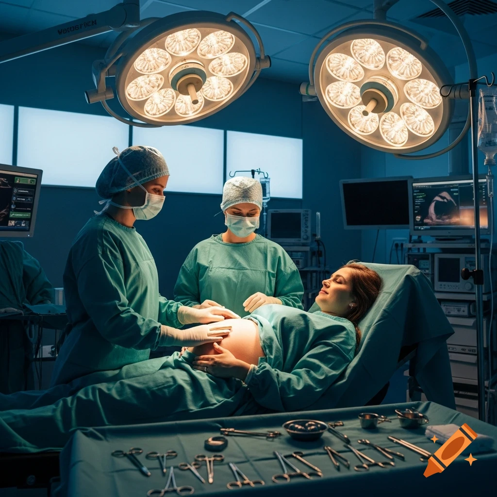 Two doctors in scrubs and masks attend to a pregnant woman lying on an operating table under bright surgical lights in a hospital operating room.