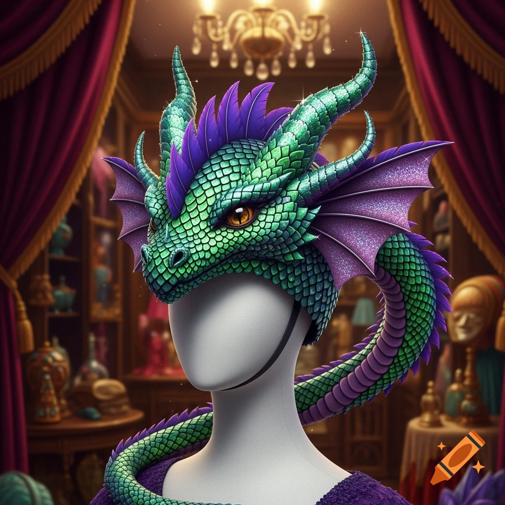 Detailed green and purple dragon headpiece with scales, horns, and glittery wings on a mannequin in a luxurious room.