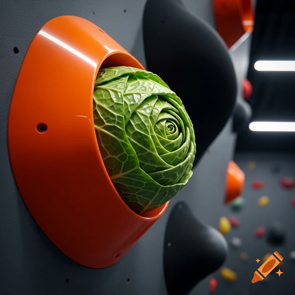 A head of green cabbage nestled in an orange climbing hold on a grey rock climbing wall, with blurred background holds.
