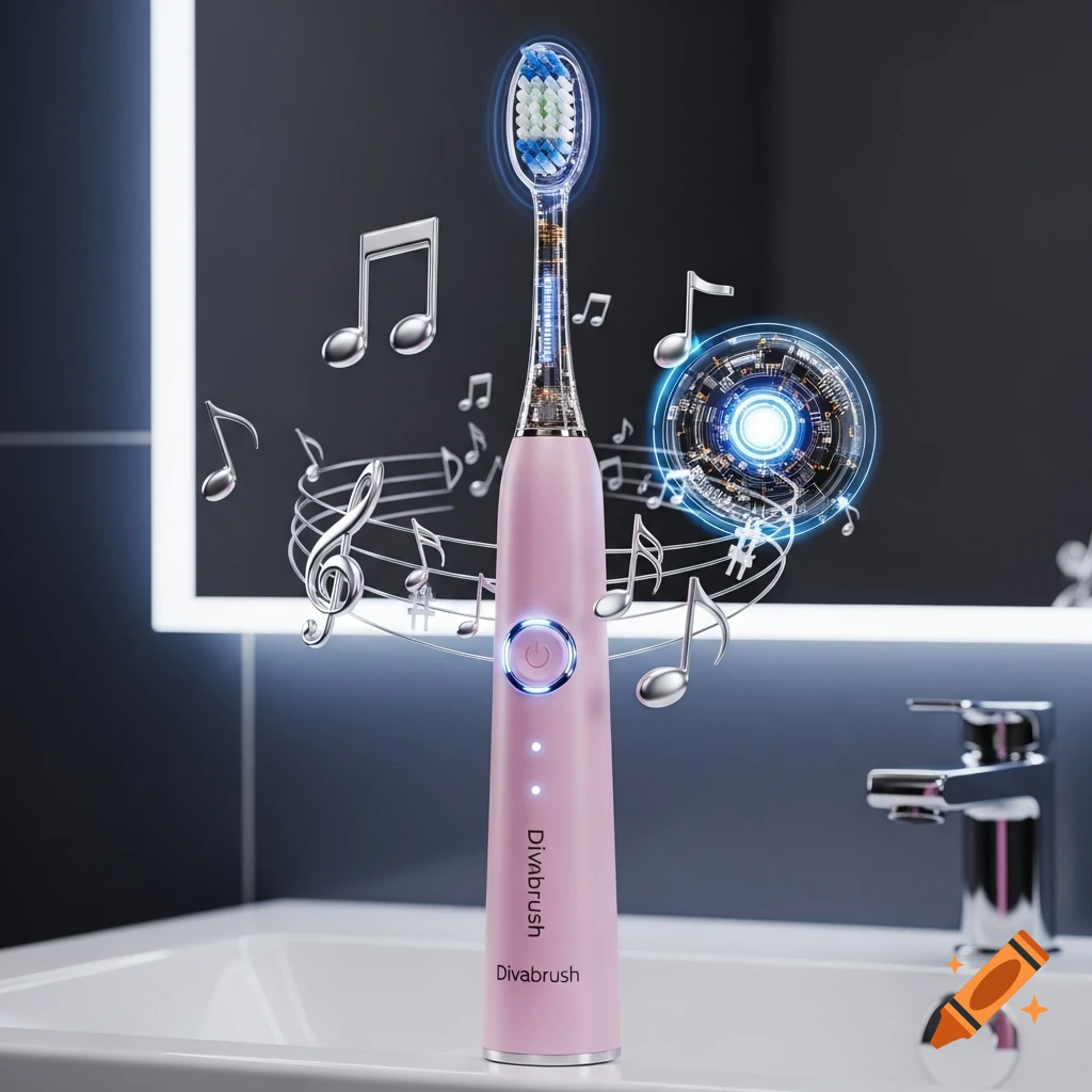 A pink electric toothbrush with glowing blue lights and 'Divabrush' text stands on a white bathroom sink, surrounded by floating music notes.