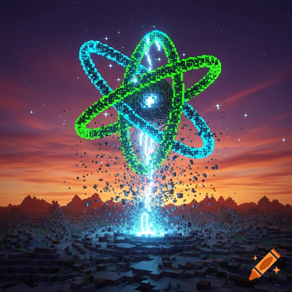 A vibrant voxel art image of a glowing, green and blue atom structure emitting a light beam into a pixelated Minecraft-like landscape under a sunset sky.