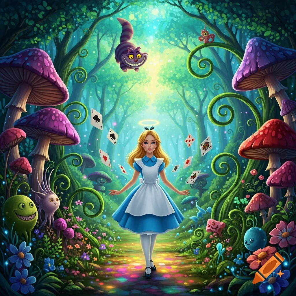 Alice in Wonderland stands in a magical, glowing forest with oversized mushrooms, the Cheshire Cat, and floating playing cards.