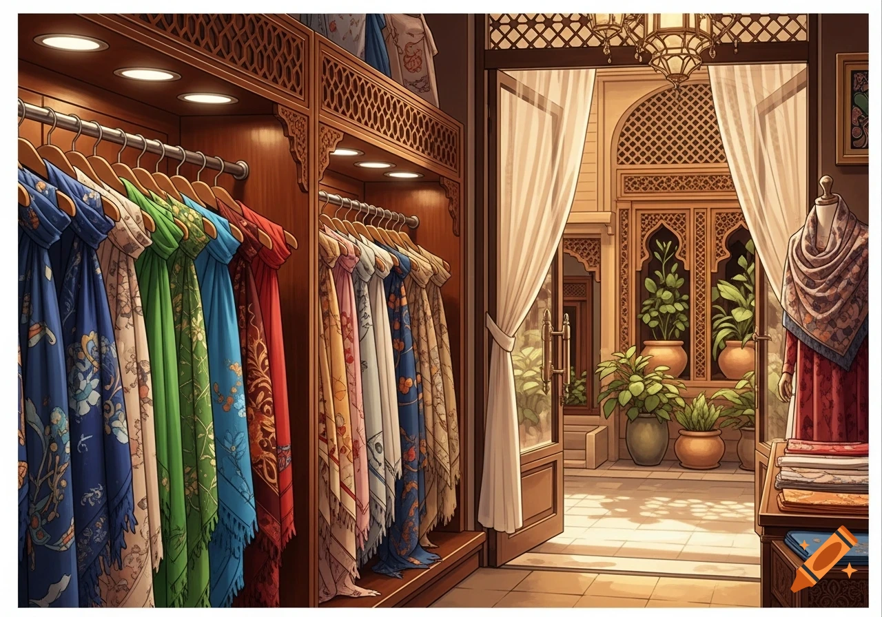 An ornate shop interior with racks of colorful patterned scarves and shawls. An open doorway reveals a courtyard with plants.