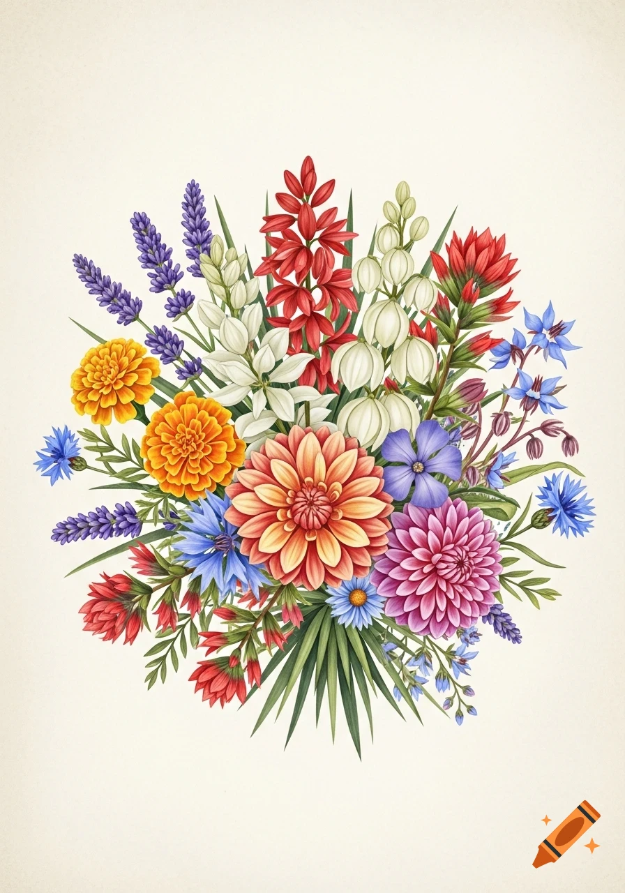 A vibrant watercolor illustration of a round bouquet featuring various flowers like lavender, marigolds, and dahlias.