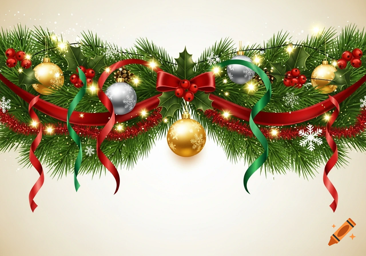 A festive vector art Christmas garland with pine needles, red and green ribbons, gold and silver ornaments, holly, berries, lights, and snowflakes.