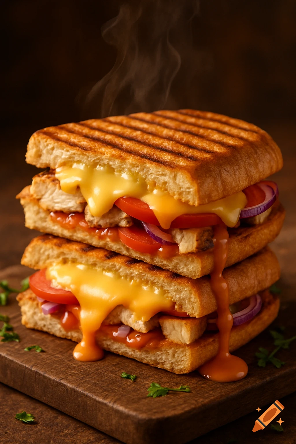 A steaming, stacked panini with melted cheese, chicken, sliced tomatoes, red onions, and a rich orange sauce on a dark wooden board.