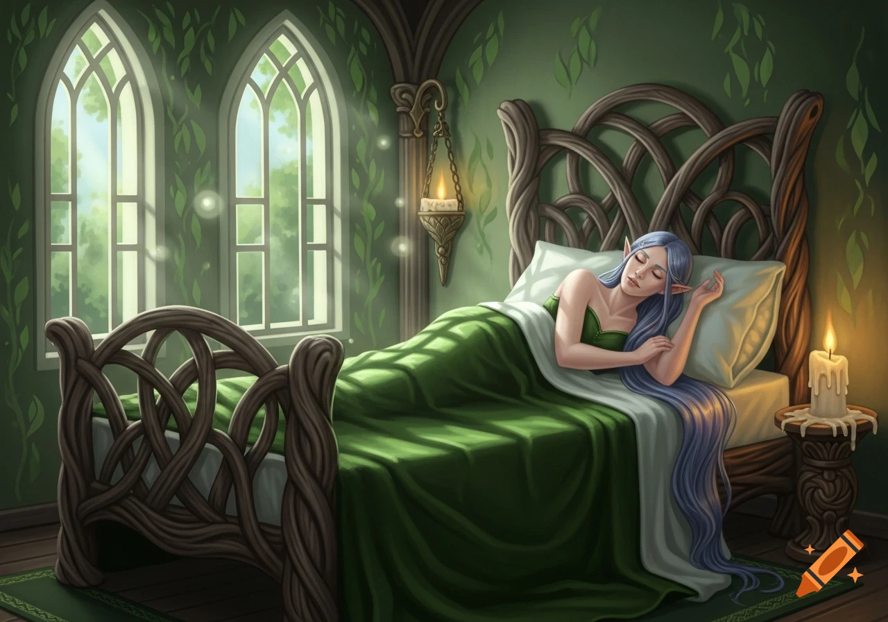 A whimsical elf with long purple hair sleeps peacefully on an ornate elven bed in a green room with arched windows.