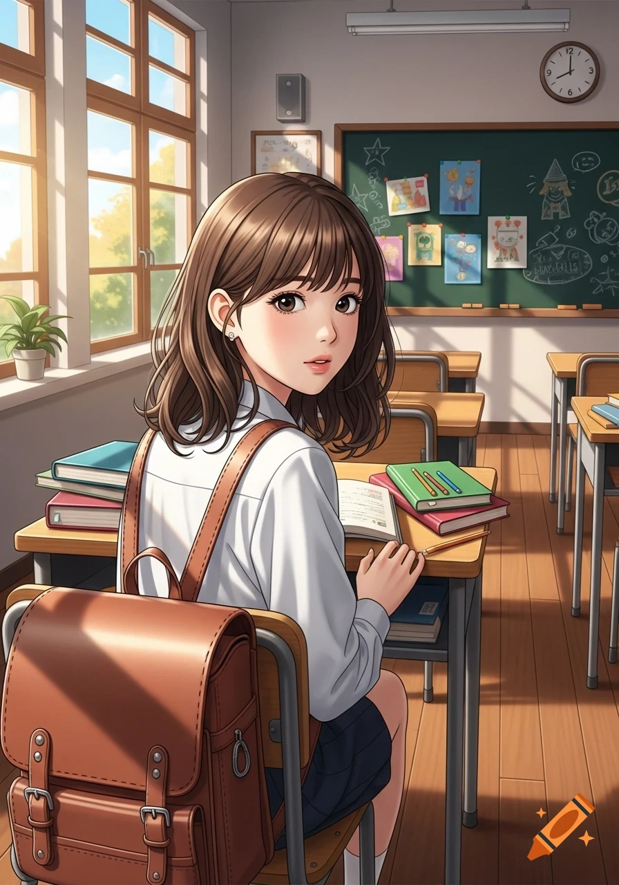 Anime-style high school girl with brown hair looking back over her shoulder in a sunlit classroom.