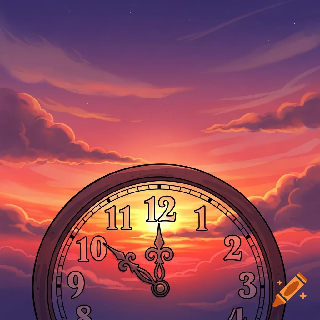 A hand-drawn cartoon of a clock with its hands pointing at nearly 12, set against a vibrant purple and orange sunset sky.