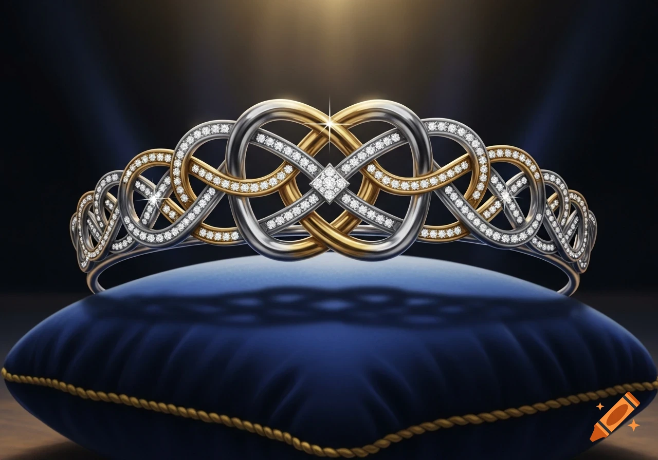 An intricate silver and gold tiara adorned with diamonds, forming a knot pattern, resting on a dark blue velvet pillow.