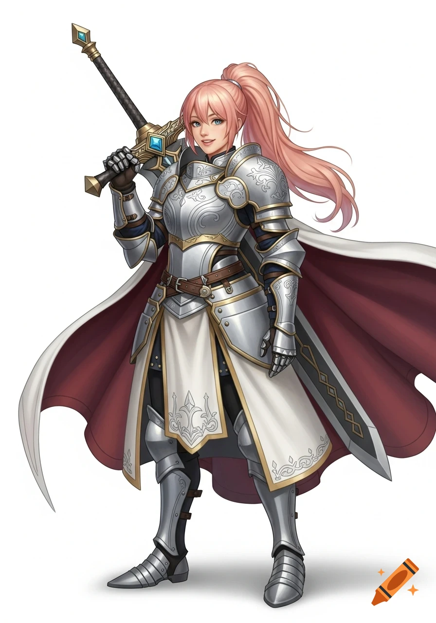 Cheerful young woman knight with pink hair, white and silver armor, holding a large sword, fantasy art style on white background.