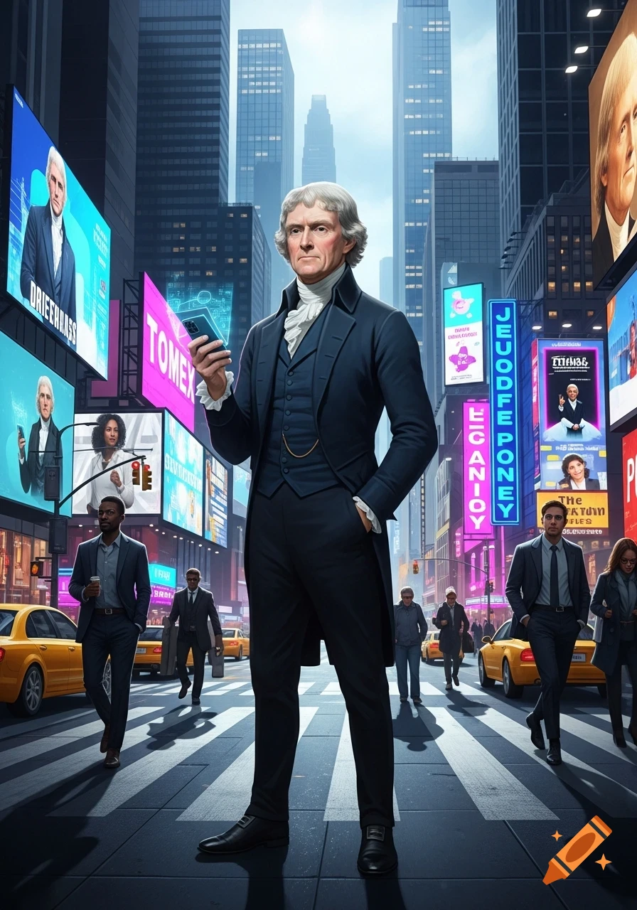 Thomas Jefferson in a modern city street, holding a smartphone amidst towering skyscrapers and neon billboards.