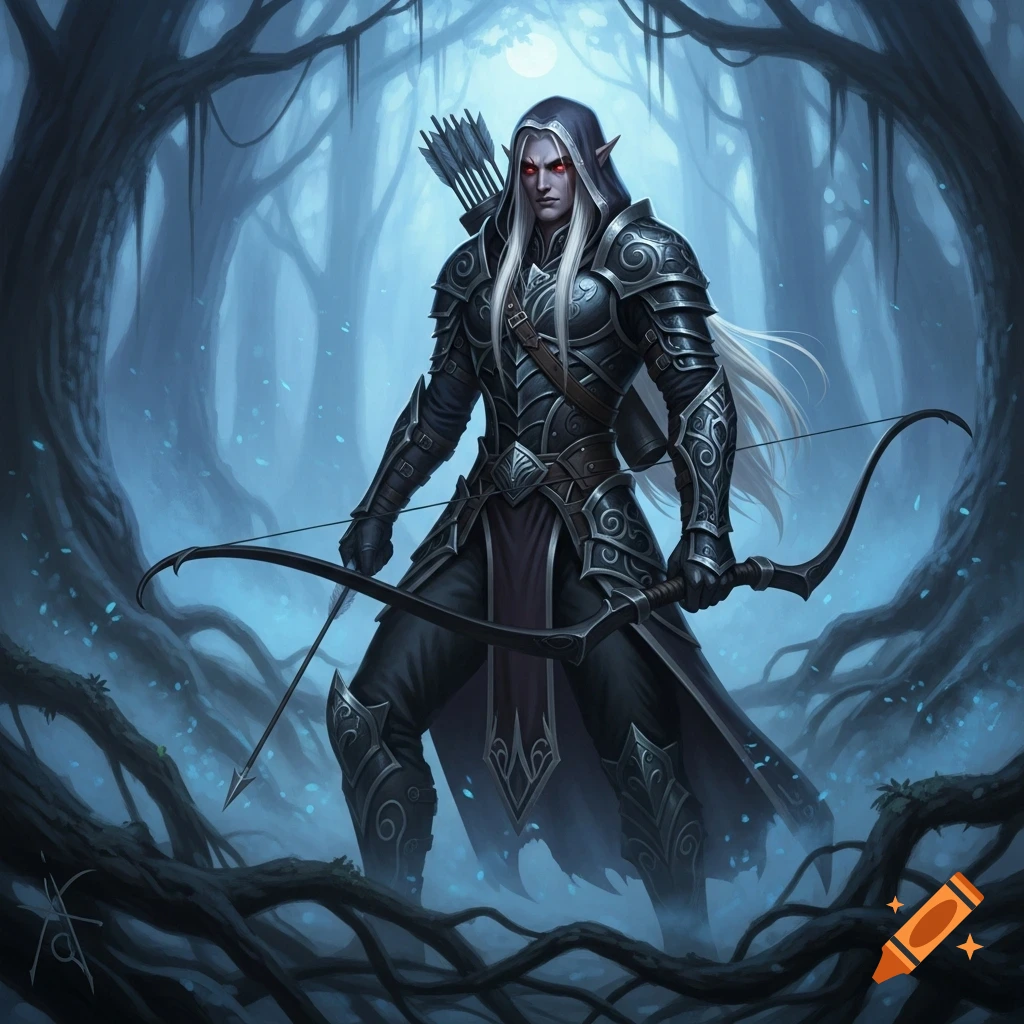 A male drow archer with white hair and red eyes stands in dark ornate armor, holding a bow in a mystical, misty forest.