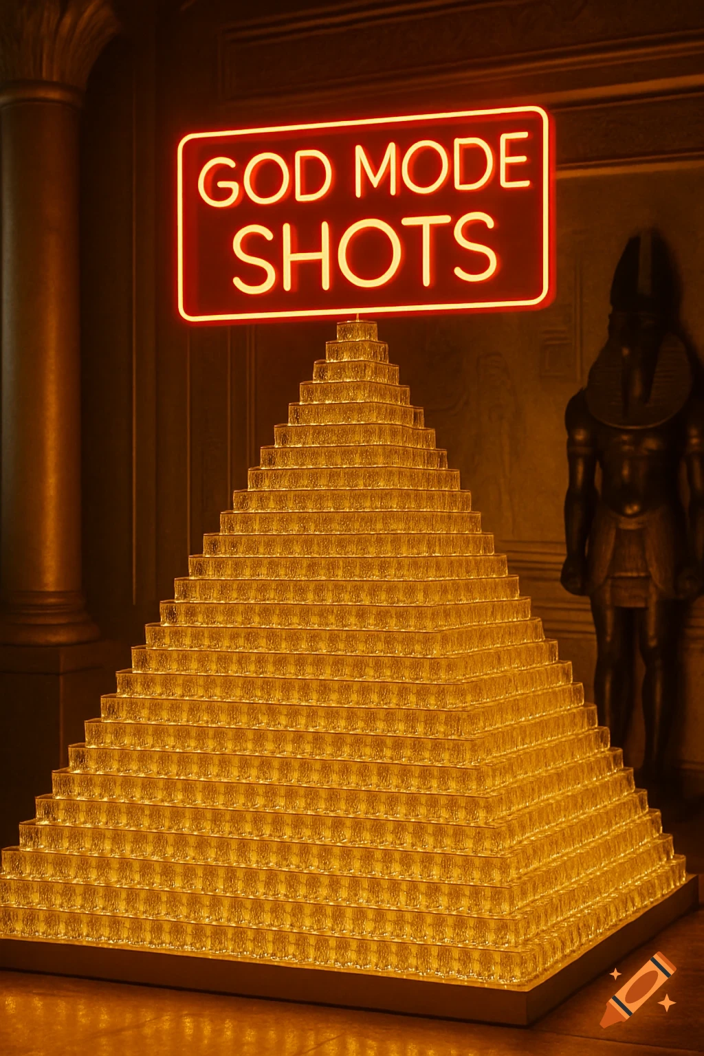 A glowing pyramid made of shot glasses beneath a red 'GOD MODE SHOTS' neon sign in an Egyptian-themed room.
