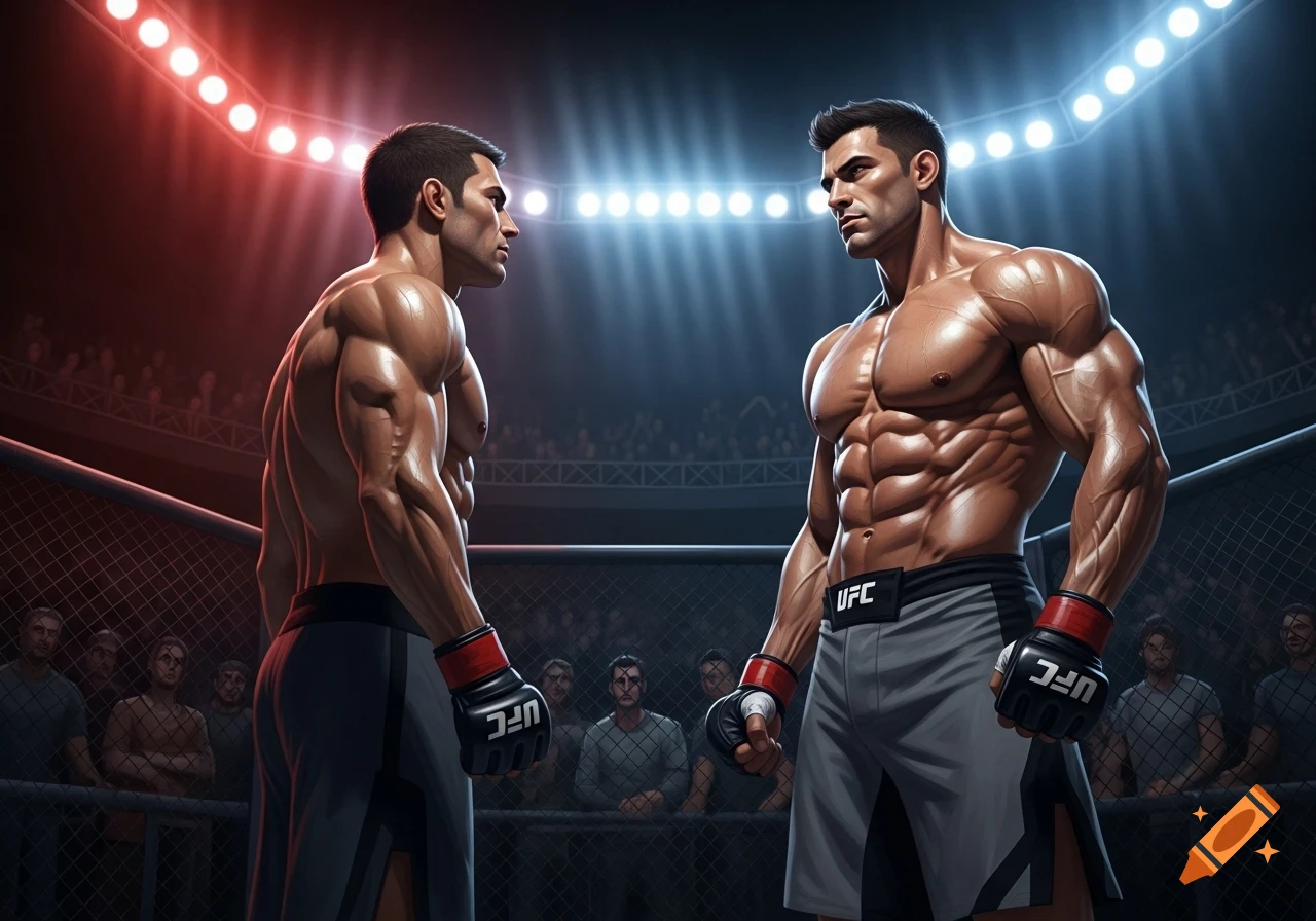 Two muscular men, shirtless in fight shorts and gloves, face off in an MMA cage under bright arena lights. Photorealistic.