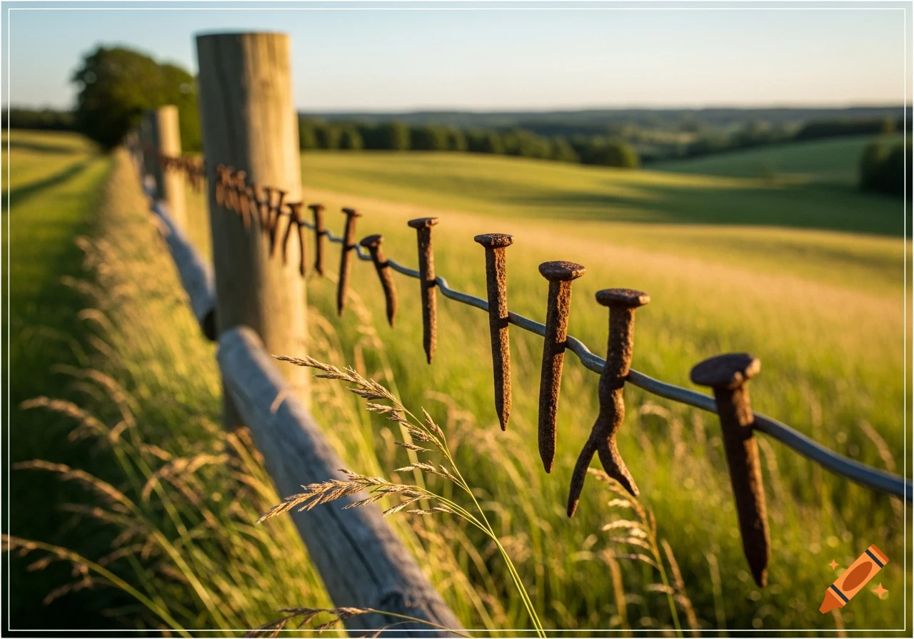 Close-up of rusty nails holding a wire on a wooden fence post, with green fields and trees under a sunny sky.