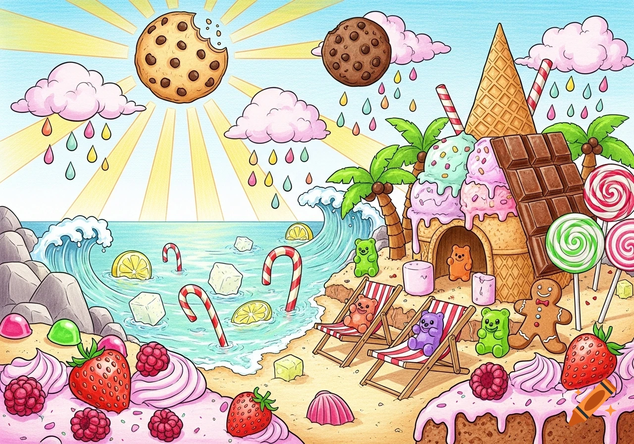 A vibrant cartoon pencil sketch of a fantastical candy world beach with a cookie sun, lemonade ocean, and gummy bears on marshmallow chairs.