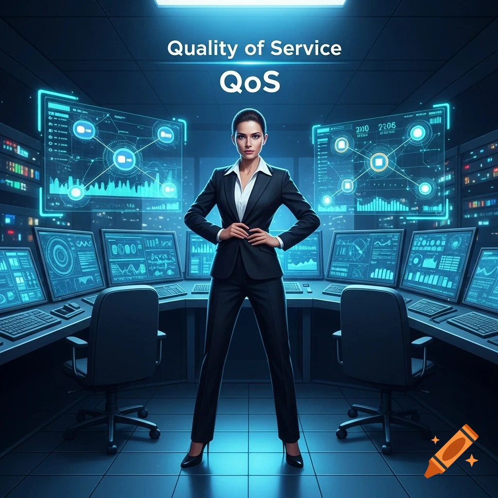A confident woman in a business suit stands in a futuristic data center with glowing screens and the text 'Quality of Service QoS' above.