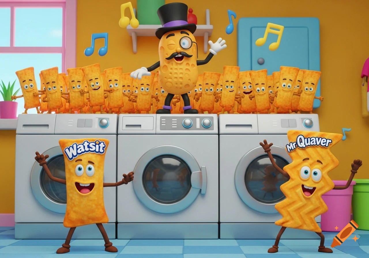 A vibrant cartoon scene with an anthropomorphic peanut leading many dancing Watsit crisps on washing machines, while Mr Watsit and Mr Quaver dance in front, all in a colorful laundry room.