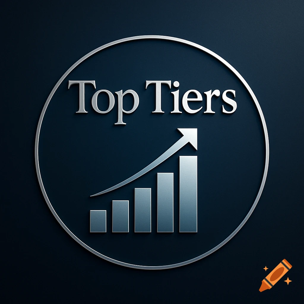 A silver-rimmed logo on a dark background features 'Top Tiers' text above a rising bar chart and arrow.