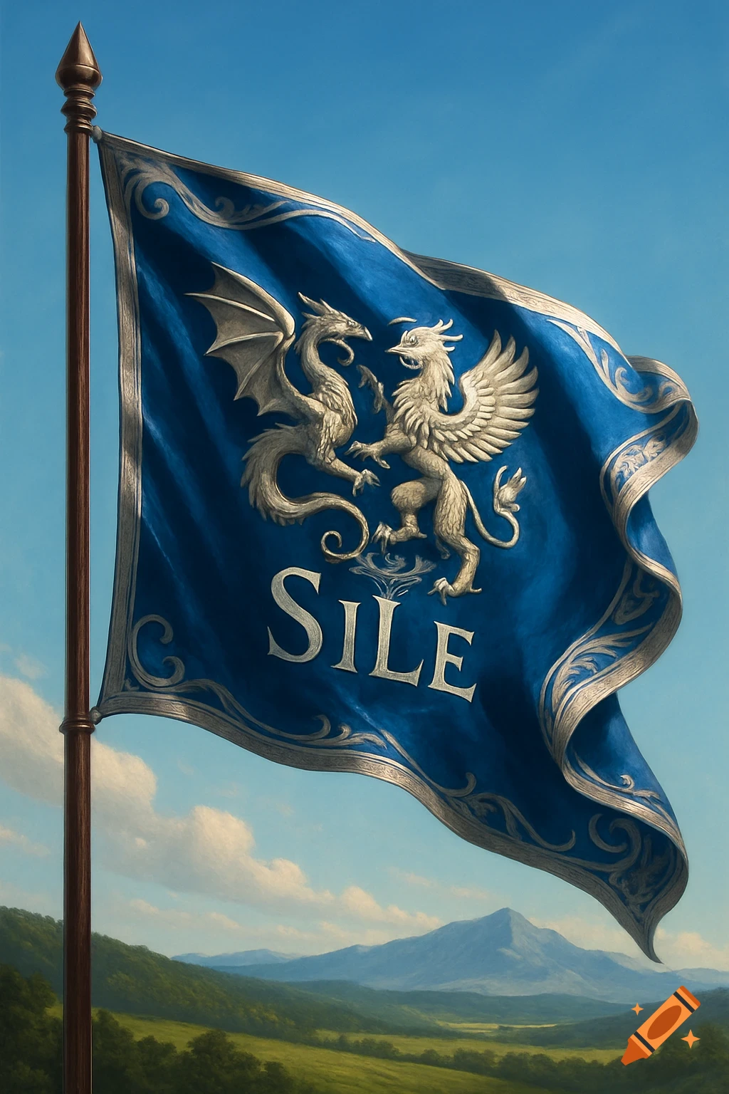 A blue flag with a silver dragon and griffin crest and the word 'SILE' waves against a clear blue sky over a green mountainous landscape.