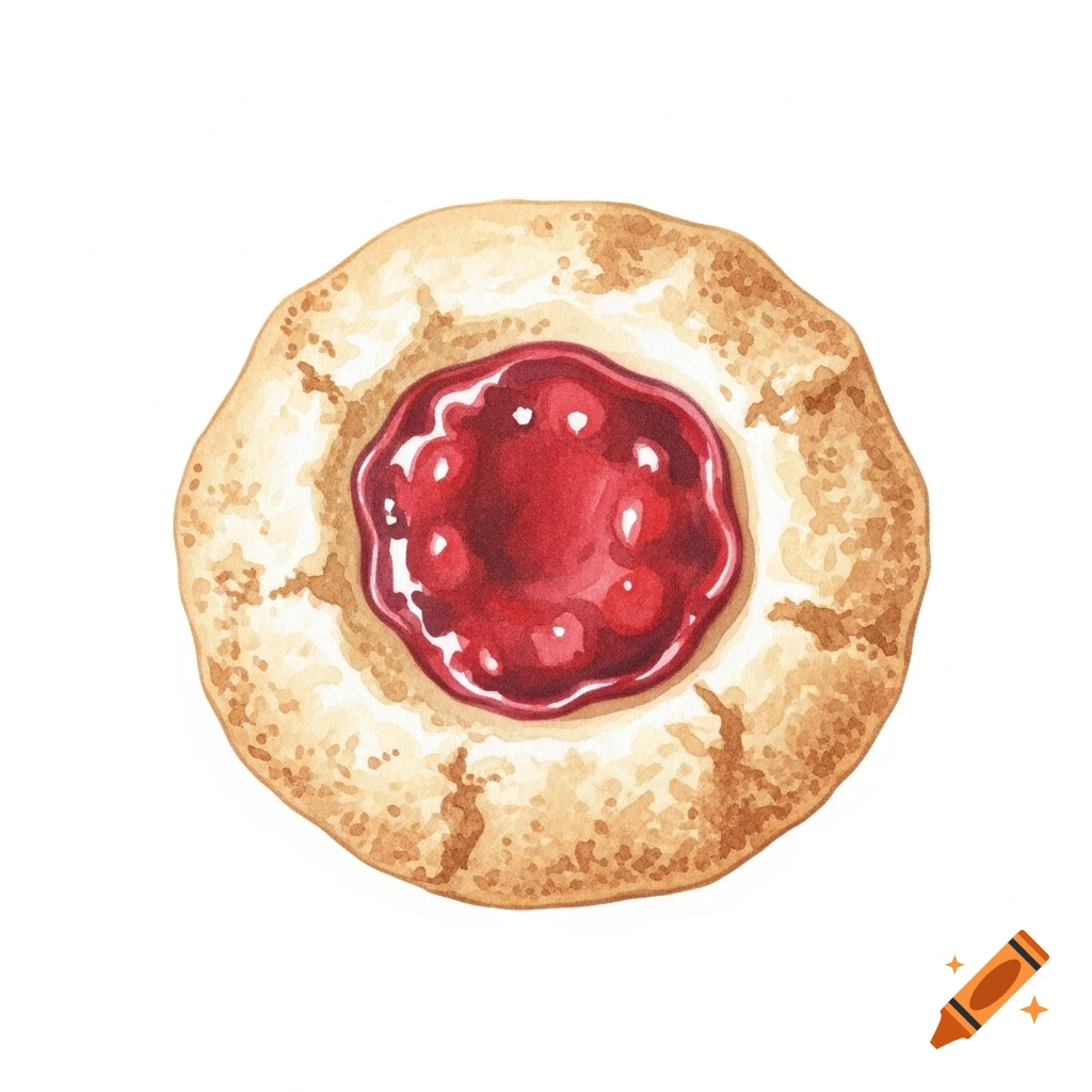 Watercolor illustration of a thumbprint cookie with red jam filling on a plain white background.