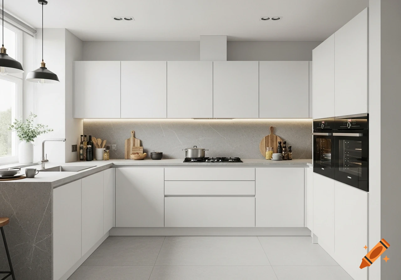 A bright, modern L-shaped kitchen with white cabinets, grey stone ...