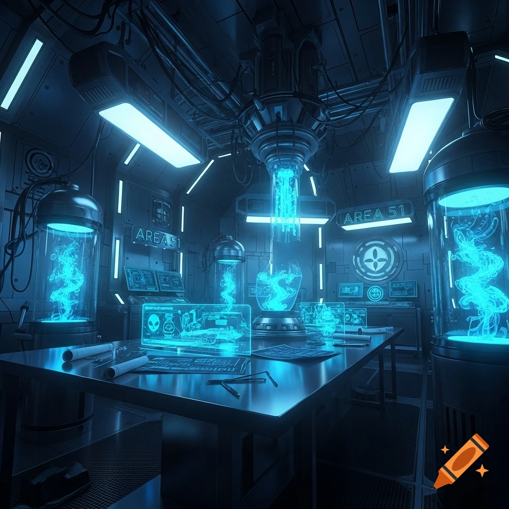 A futuristic, neon-blue lit sci-fi laboratory with glowing containment units, holographic displays showing alien schematics, and a prominent 'AREA 51' sign.