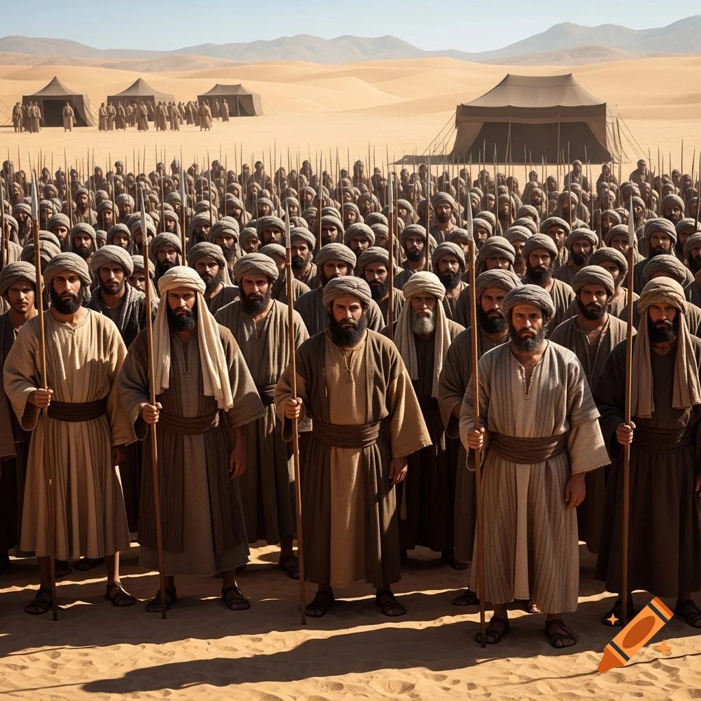A large group of men in ancient desert attire stand in formation, holding spears, with tents and sand dunes in the background.