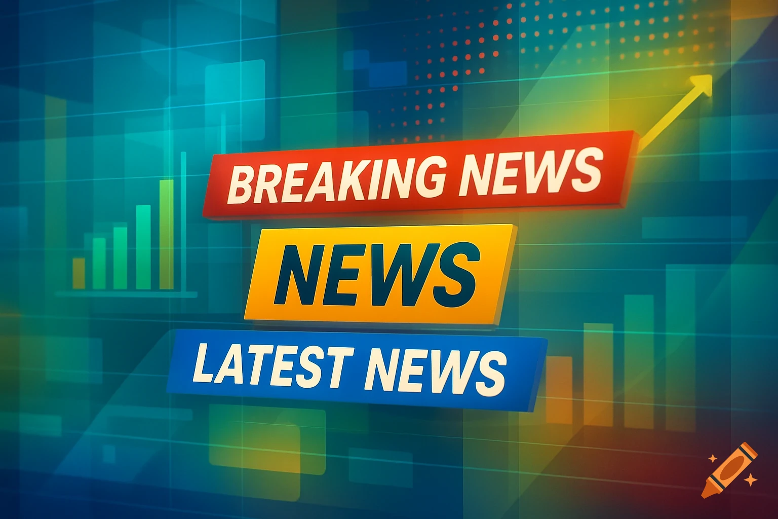 Dynamic news background with 'BREAKING NEWS', 'NEWS', and 'LATEST NEWS' titles, charts, and an upward trending arrow.