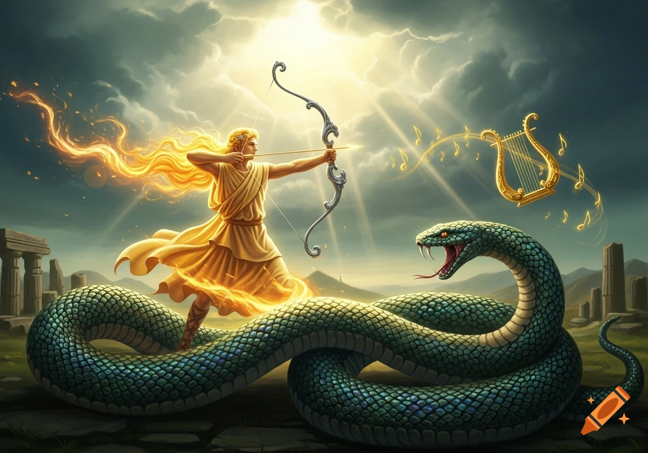 Golden-haired Apollo aims a bow and arrow at a huge green serpent, Python, as a golden lyre floats above, under a dramatic sky with ruins.