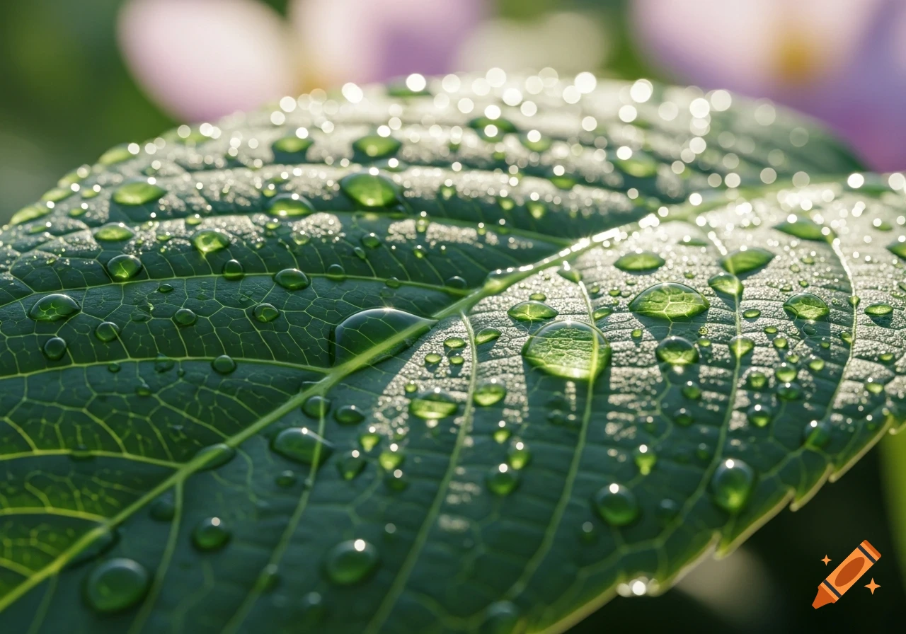 Close-up of a vibrant green leaf covered in sparkling water droplets, with a blurred pink and green background.