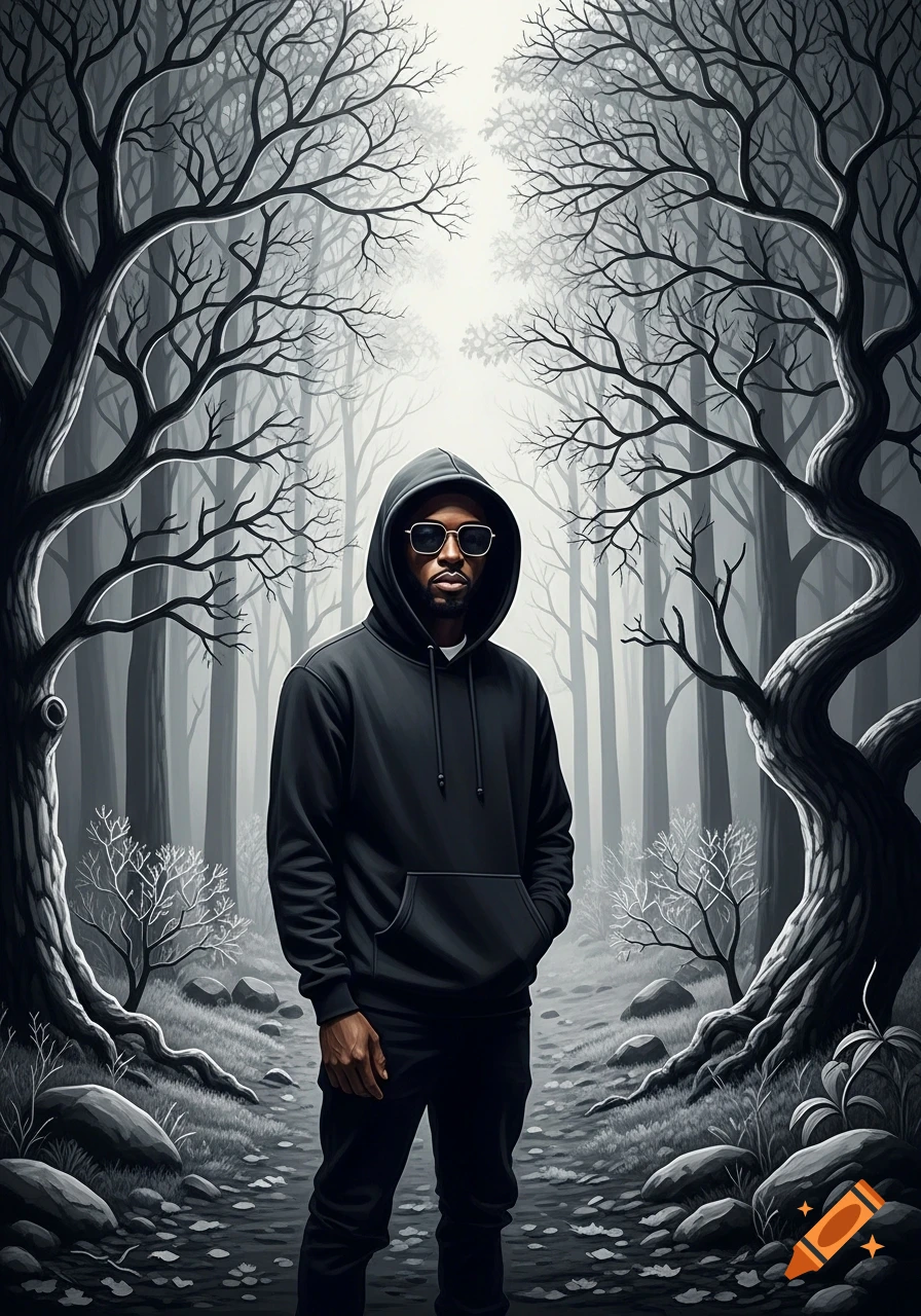 A Black man in a black hoodie and sunglasses stands in a stylized, monochromatic forest with bare trees.