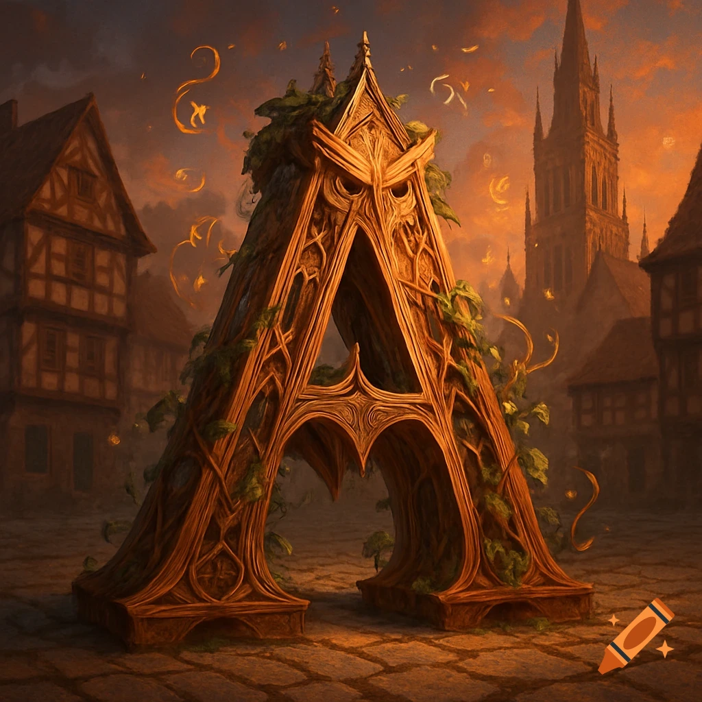 An ornate, wood-carved letter A, adorned with vines, stands in a medieval town square at sunset, with old buildings and a spire.