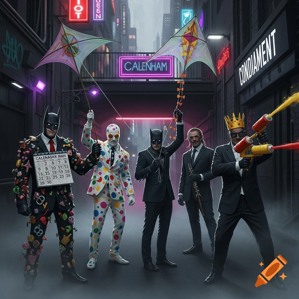 Five D-list Batman supervillains, including a Calendar Man and a polka-dot figure, in a dark city alley.