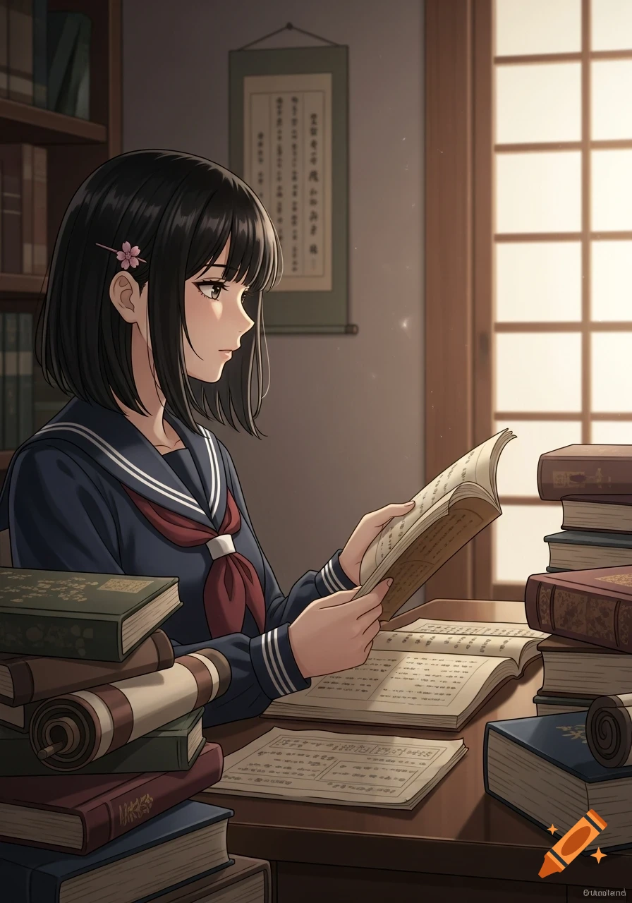 An anime-style Japanese high school girl in a sailor uniform reads a book at a desk piled with books and scrolls.