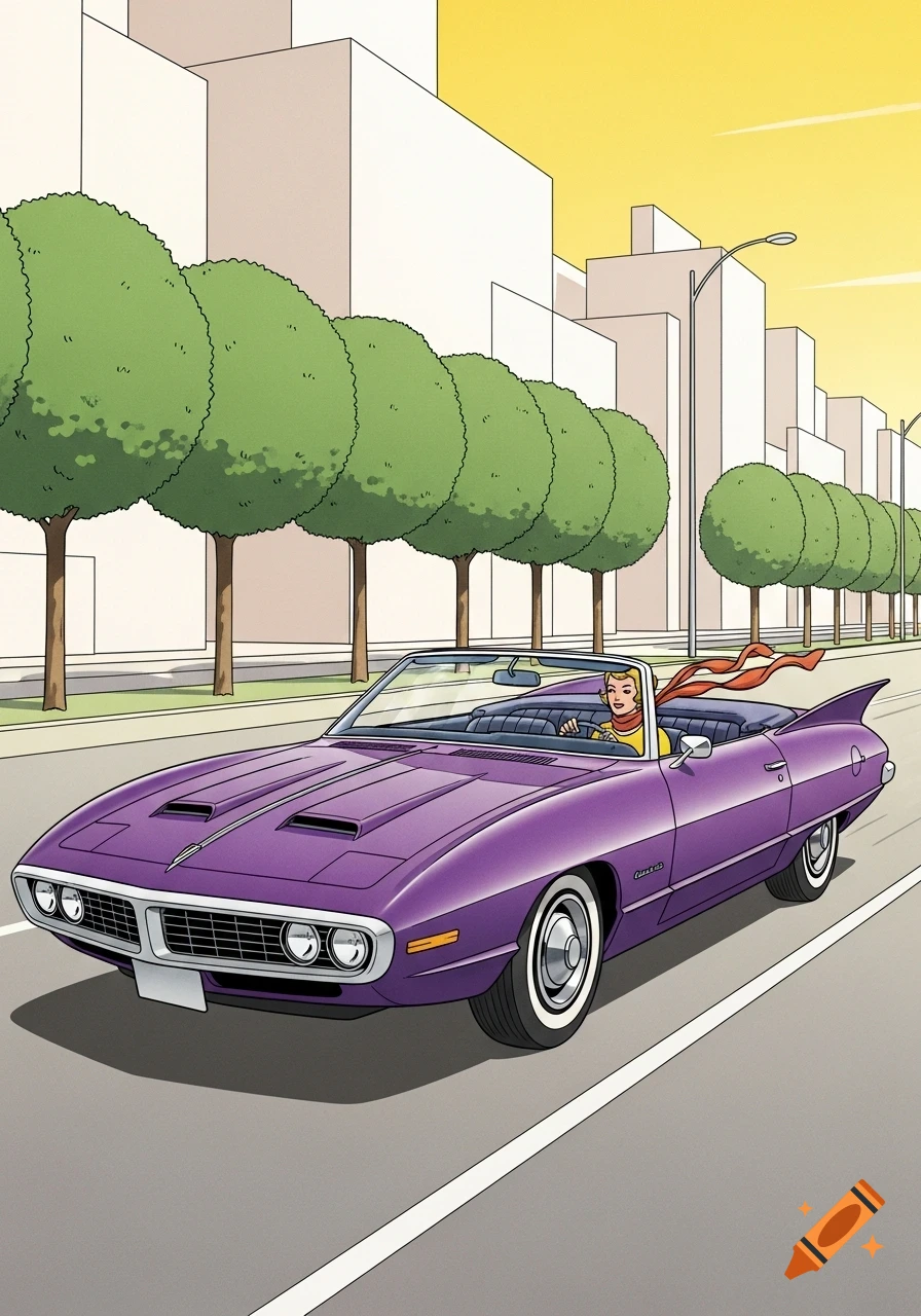 A woman drives a purple convertible muscle car down a city street lined with trees and buildings, in a Ligne Claire comic style.