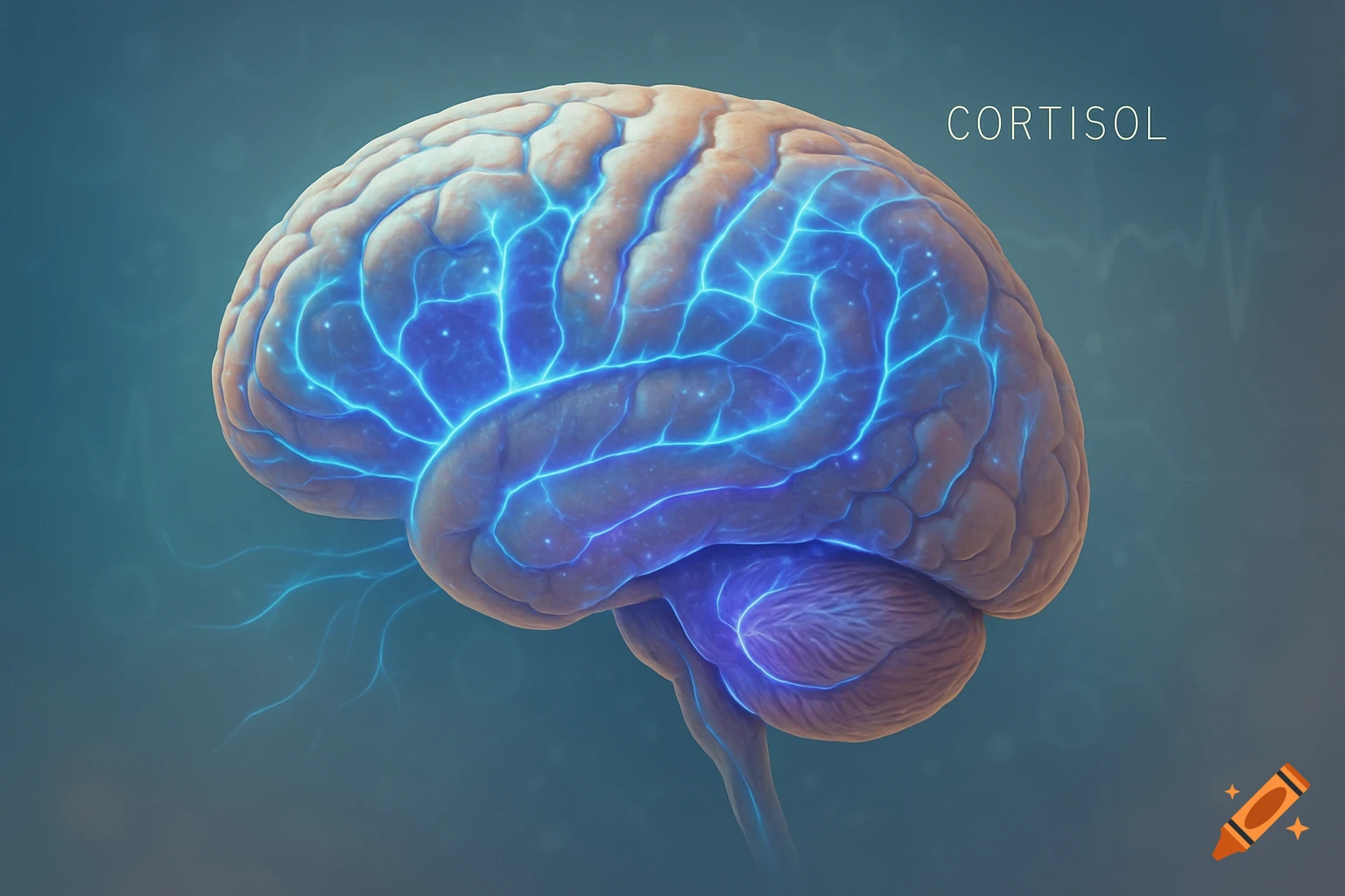 A realistic human brain with glowing blue neural connections and the word CORTISOL in the top right.