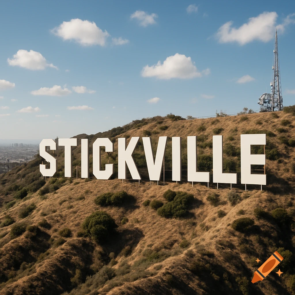 A large white 'STICKVILLE' sign is prominently displayed on a dry, brown grassy hill, similar to the Hollywood sign, under a blue sky with fluffy white clouds.