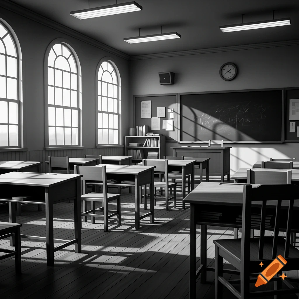 An empty, black and white classroom with desks, chairs, a blackboard, large arched windows, and overhead lights.